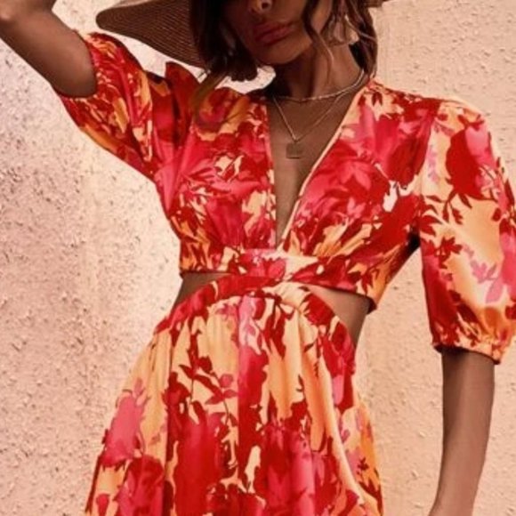 Boho Vacay Floral Cut Out Waist Puffed Sleeve Maxi Dress orange - Picture 5 of 6